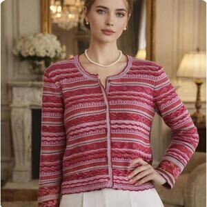 OLEANA Striped Cardigan. Size M. Silk & Marino Wool. Excellent Condition!